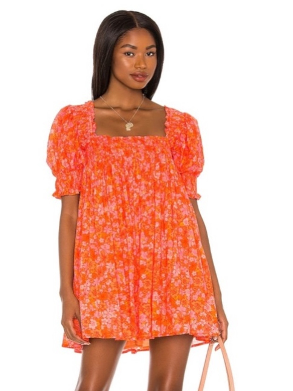 Lovers + Friends Orange Smocked Sundress with Coral Accents